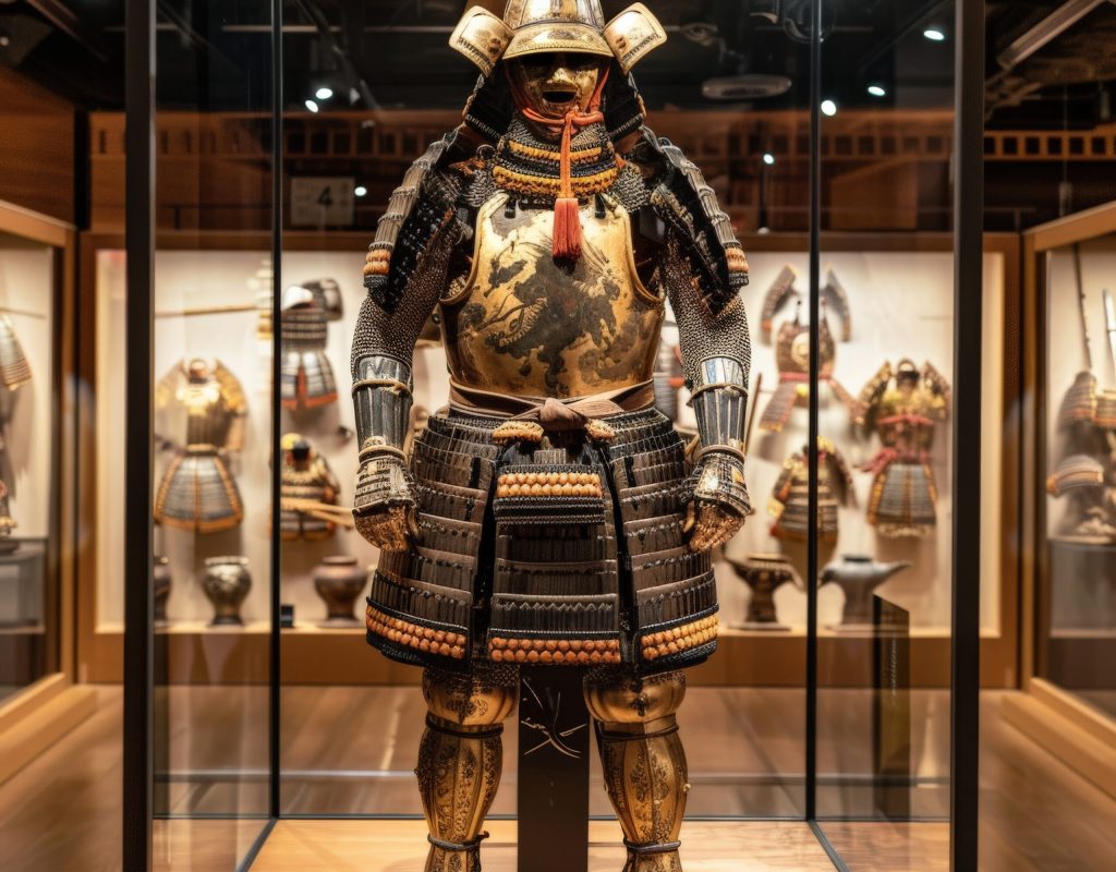 In a museum a warriors armor stands on display each dent and scratch a story from historical battles fought centuries ago